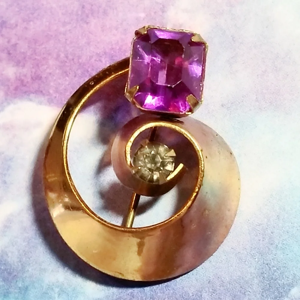 Vintage brooch Spiral broach purple gem rose gold pin